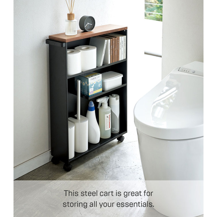 Black Adjustable Slim Rolling Bathroom Cart with Wood Top