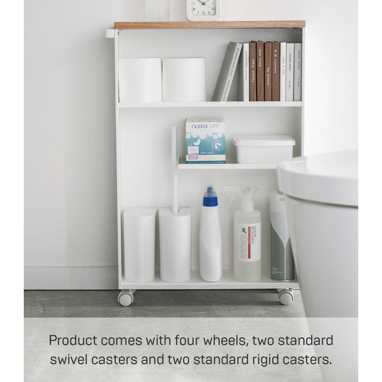 Slim White Wood Adjustable Rolling Bathroom Storage Cart