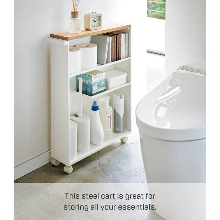 Slim White Wood Adjustable Rolling Bathroom Storage Cart