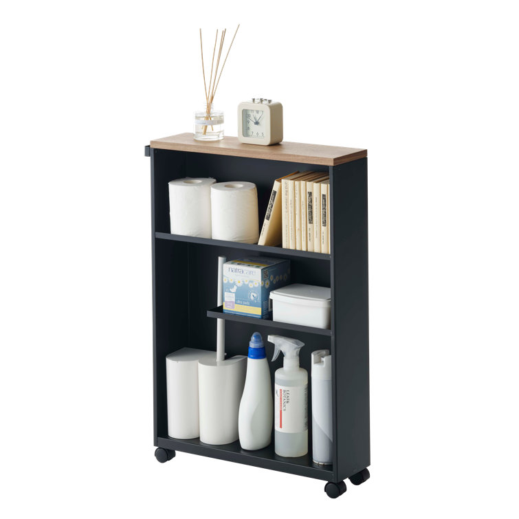Black Adjustable Slim Rolling Bathroom Cart with Wood Top