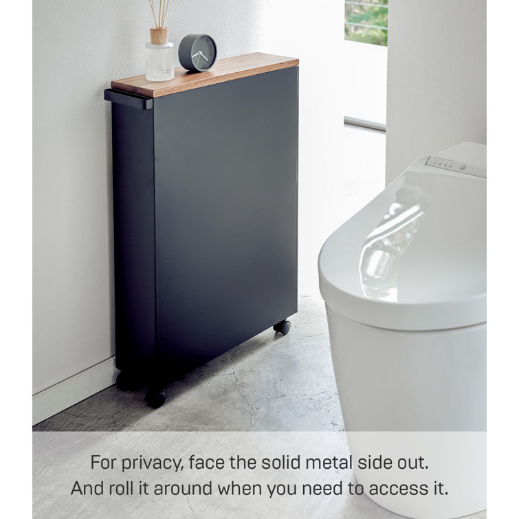 Black Adjustable Slim Rolling Bathroom Cart with Wood Top