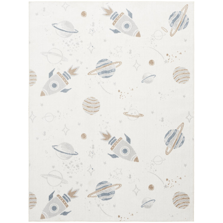 Ivory Multicolor Space Theme Kids Washable Area Rug 5' x 7'