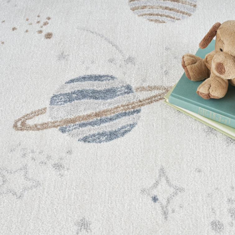 Ivory Multicolor Space Theme Kids Washable Area Rug 5' x 7'