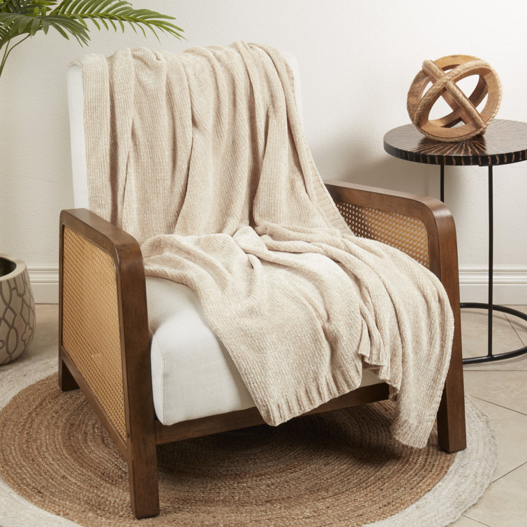 Oatmeal Beige Knitted Chenille Throw Blanket 50" x 60"