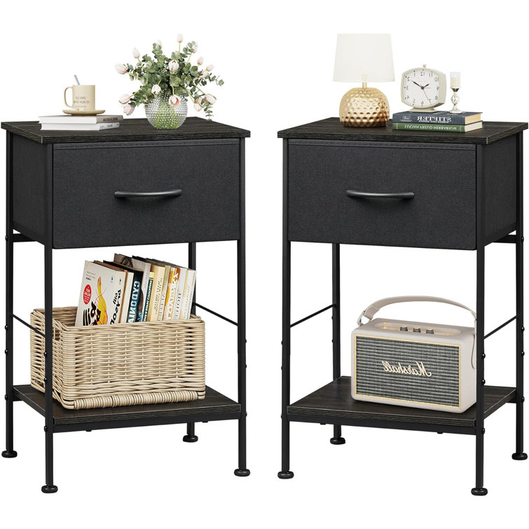 Charcoal Black Metal Nightstand Set with Fabric Drawer and Wood Shelf