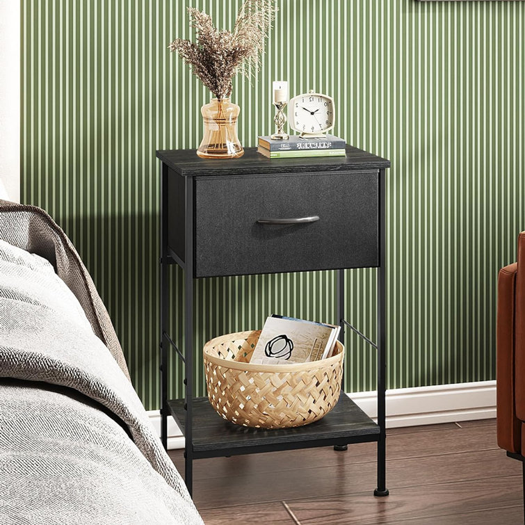 Charcoal Black Metal Nightstand Set with Fabric Drawer and Wood Shelf