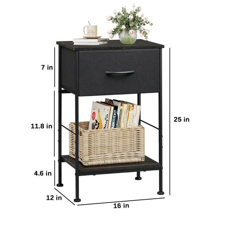 Charcoal Black Metal Nightstand Set with Fabric Drawer and Wood Shelf