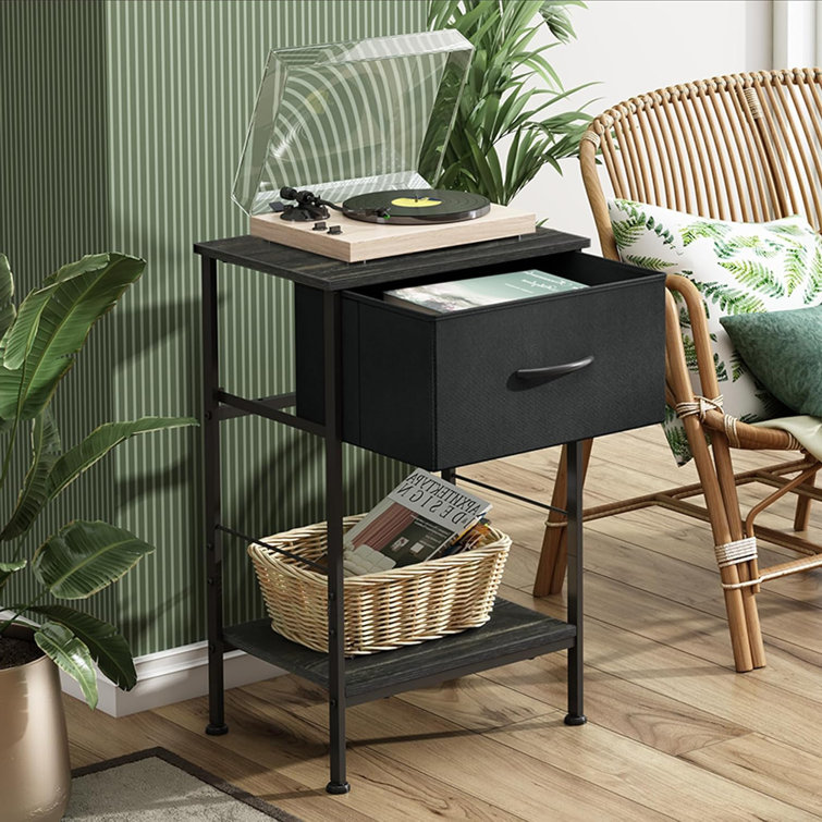 Charcoal Black Metal Nightstand Set with Fabric Drawer and Wood Shelf