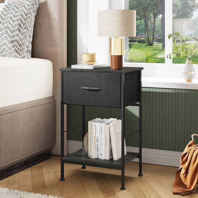Charcoal Black Metal Nightstand Set with Fabric Drawer and Wood Shelf