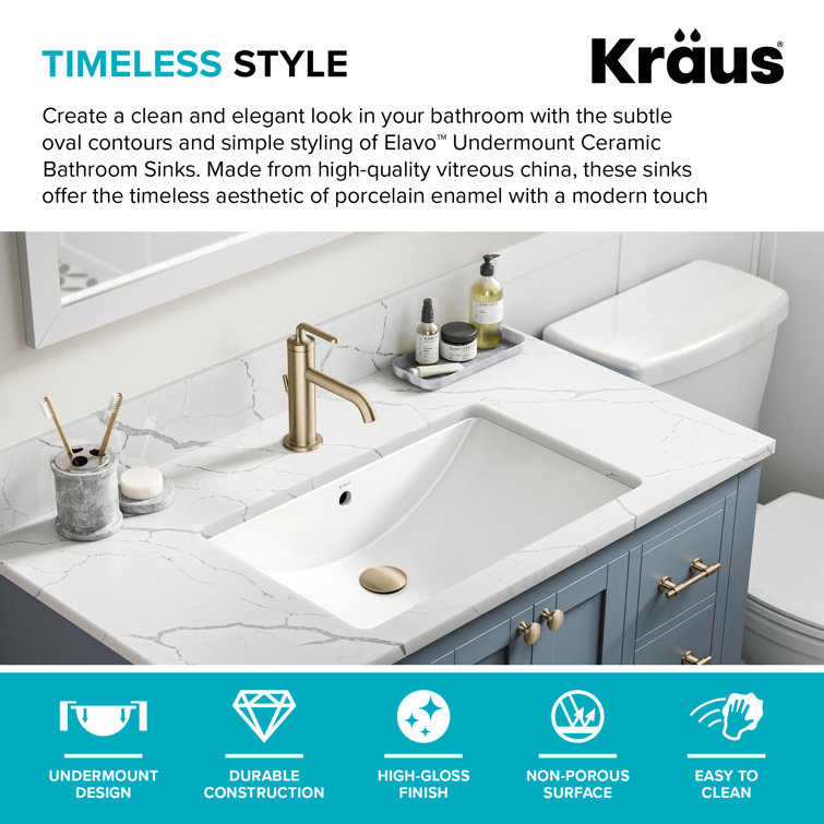 Elavo 23" White Ceramic Rectangular Undermount Bathroom Sink
