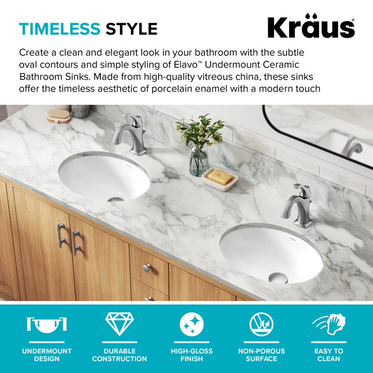 Elavo White Oval Ceramic Undermount Bathroom Sink with Overflow