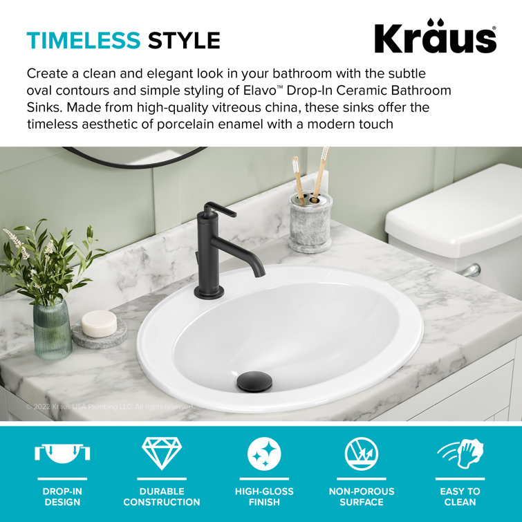 Elavo 22" White Ceramic Oval Drop-In Bathroom Sink