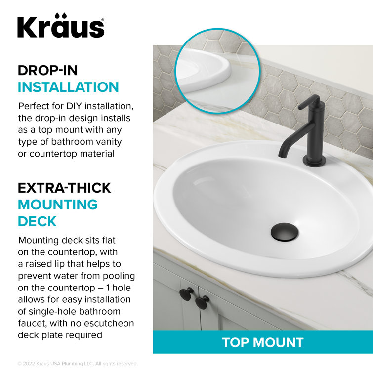 Elavo 22" White Ceramic Oval Drop-In Bathroom Sink