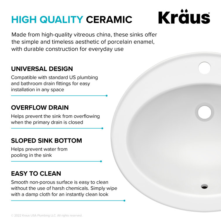 Elavo 22" White Ceramic Oval Drop-In Bathroom Sink