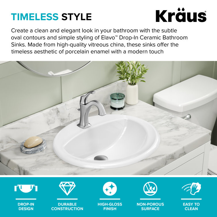 Elavo White Oval Ceramic Drop-In Bathroom Sink with Overflow