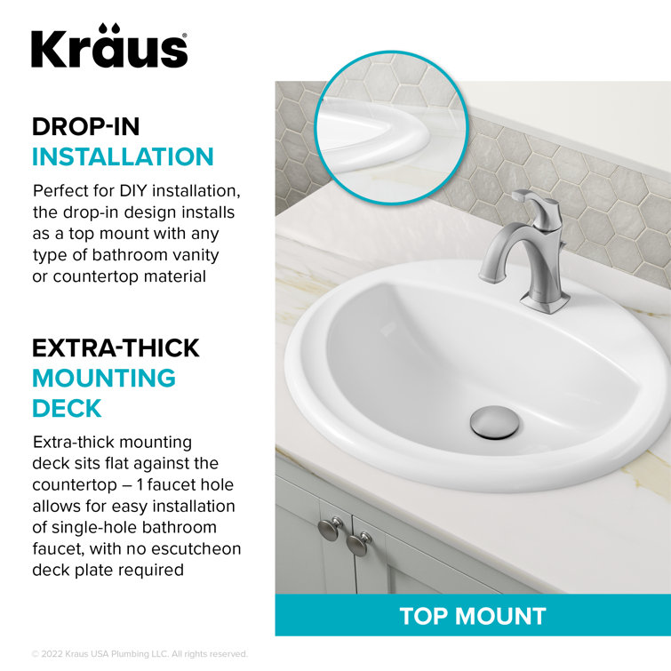 Elavo White Oval Ceramic Drop-In Bathroom Sink with Overflow