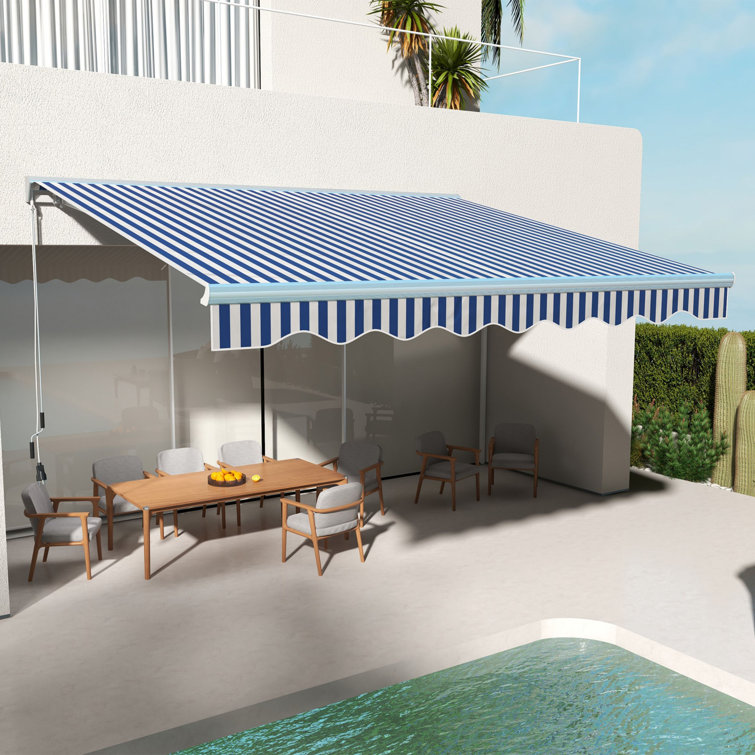 Blue and White Striped Retractable Patio Awning with LED Lights