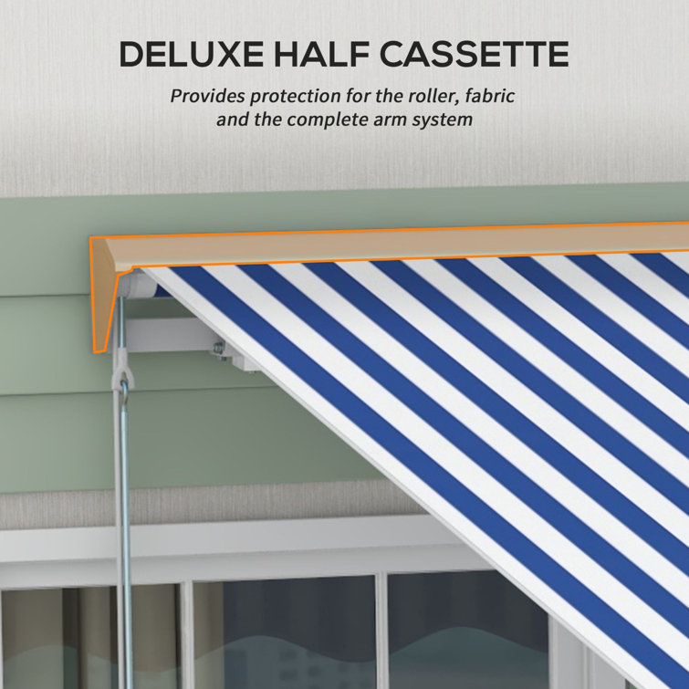 Blue and White Striped Retractable Patio Awning with LED Lights