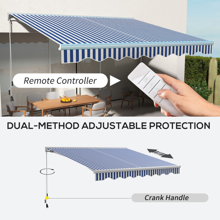 Blue and White Striped Retractable Patio Awning with LED Lights