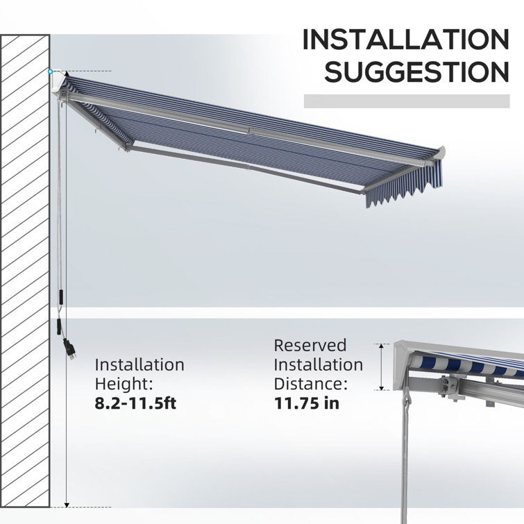 Blue and White Striped Retractable Patio Awning with LED Lights