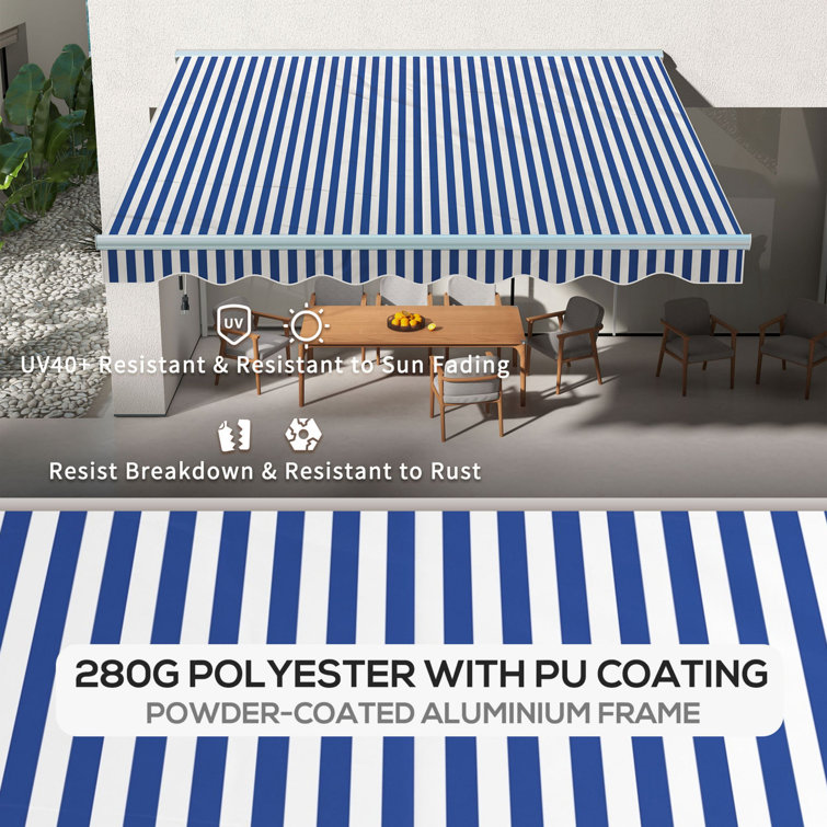 Blue and White Striped Retractable Patio Awning with LED Lights