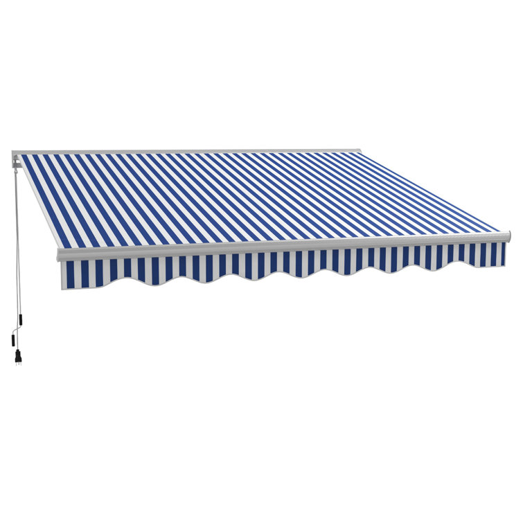 Blue and White Striped Retractable Patio Awning with LED Lights