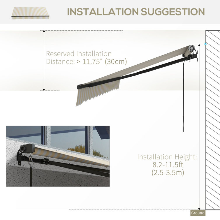 Beige and White Striped Polyester Retractable Patio Awning with Manual Crank
