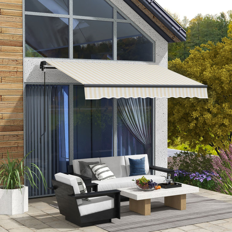 Beige and White Striped Polyester Retractable Patio Awning with Manual Crank