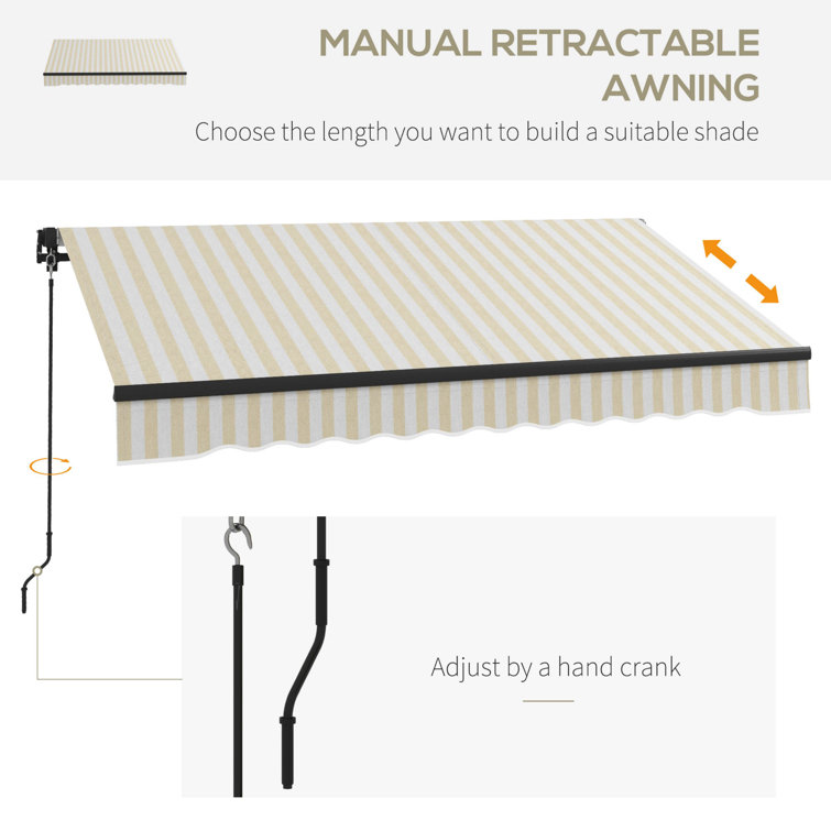 Beige and White Striped Polyester Retractable Patio Awning with Manual Crank