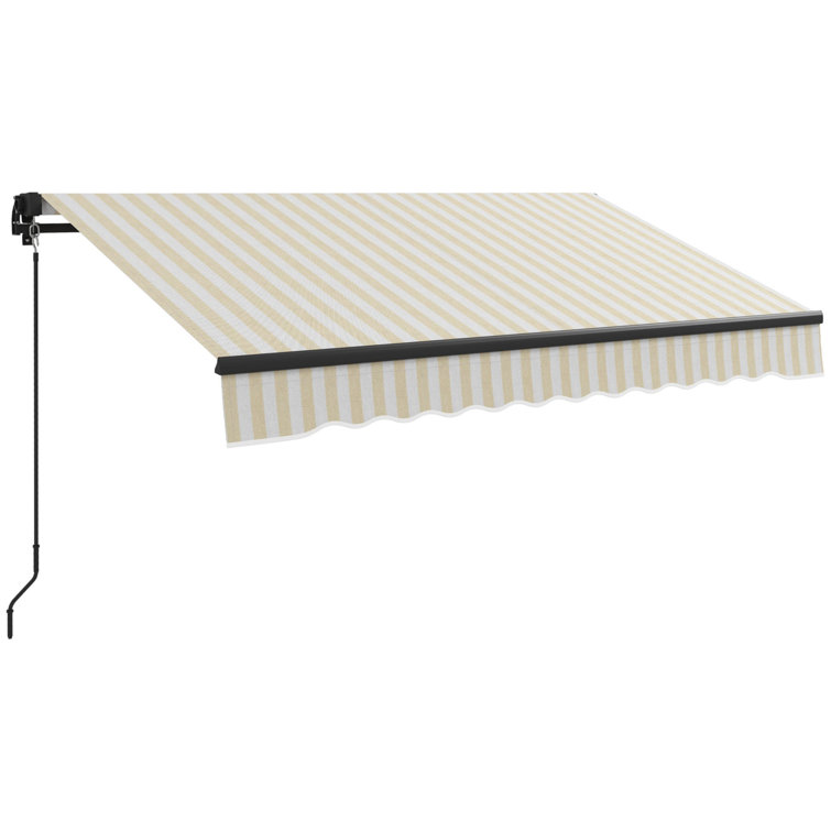 Beige and White Striped Polyester Retractable Patio Awning with Manual Crank