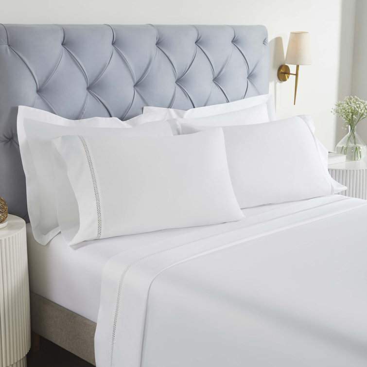 Full White Cotton Satin Embroidered Deep Pocket Bed Sheet Set