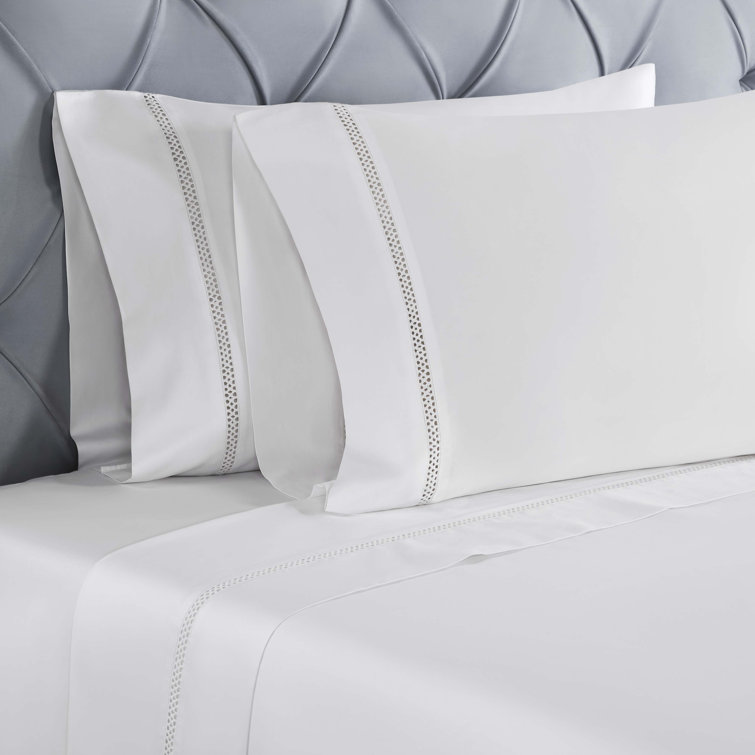 Full White Cotton Satin Embroidered Deep Pocket Bed Sheet Set