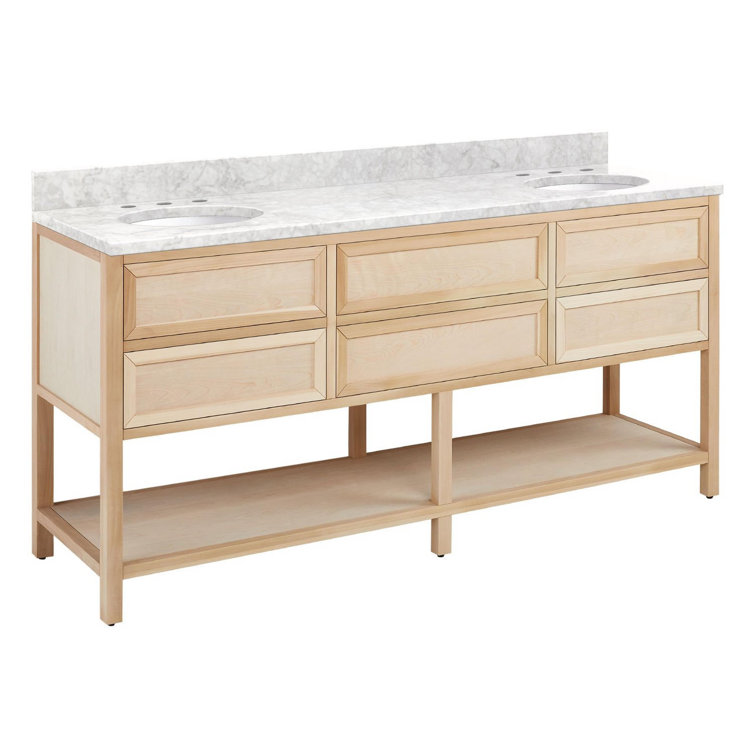 72" Natural Wood Double Bathroom Vanity with Carrara Marble Top