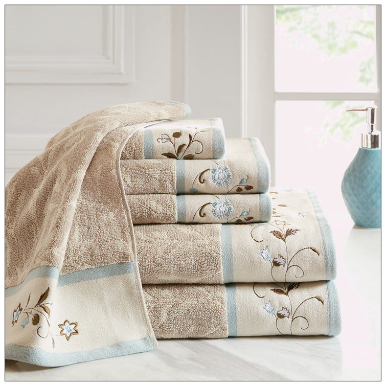 Serene Blue and Beige Cotton Jacquard 6-Piece Towel Set