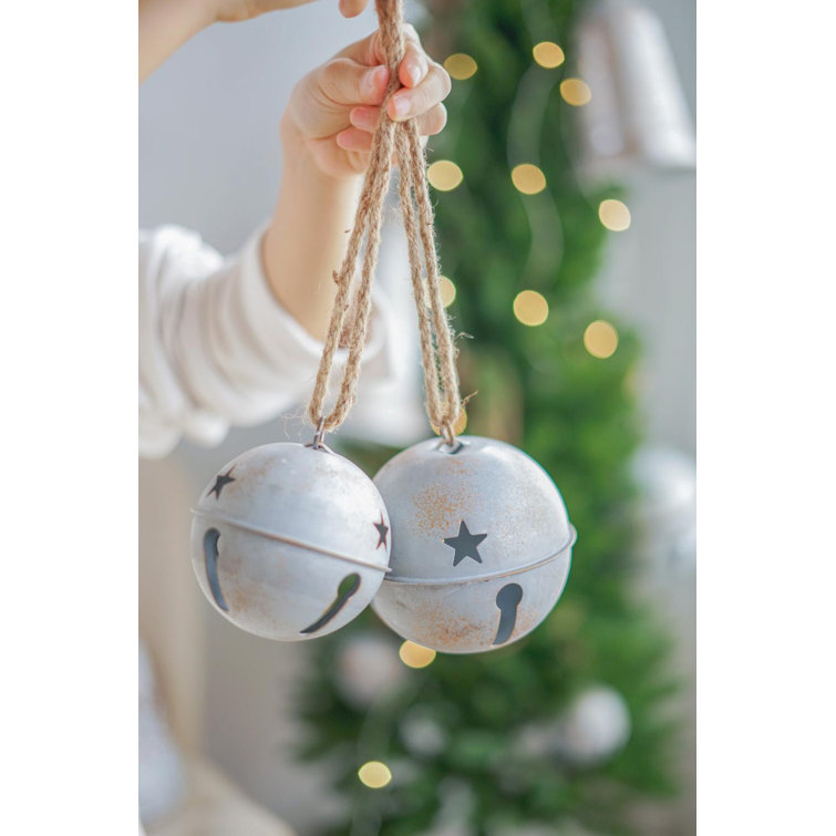 Rustic Gray Iron Bell Ornaments with Rope, Set of 12