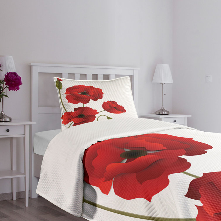 Red and White Floral Twin Quilted Bedspread Set