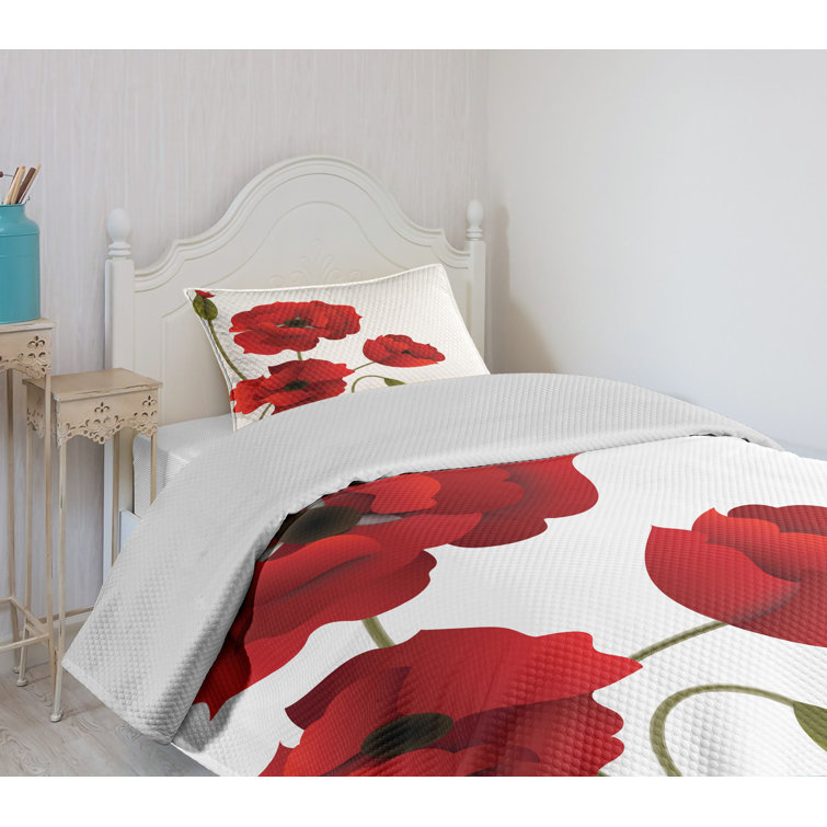 Red and White Floral Twin Quilted Bedspread Set