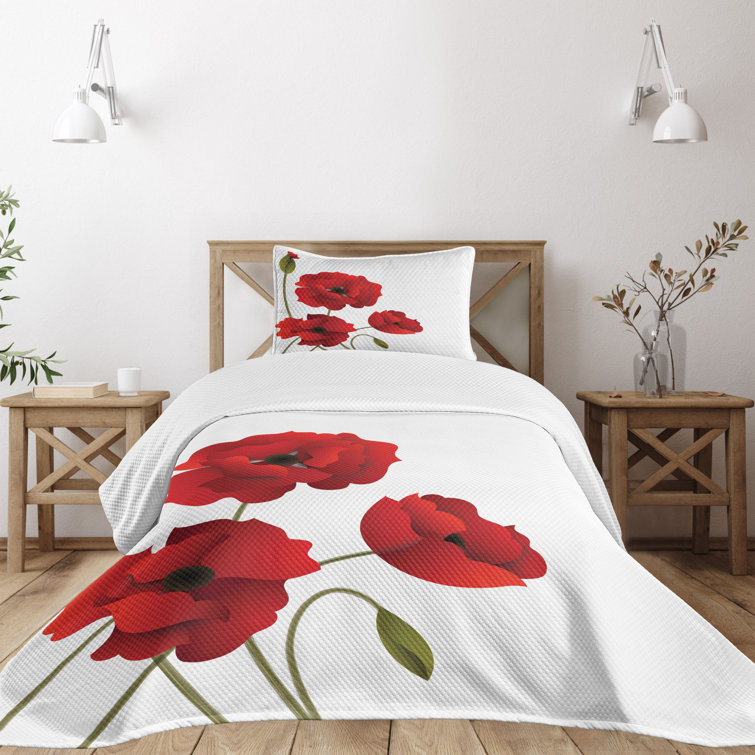 Red and White Floral Twin Quilted Bedspread Set
