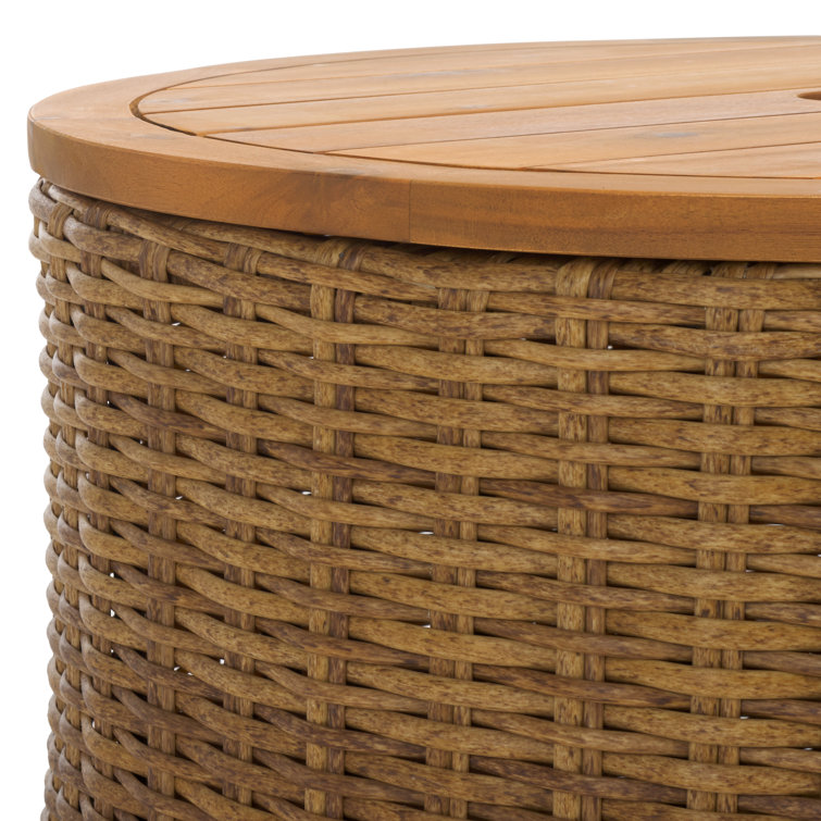 Natural Round Wicker and Acacia Outdoor Coffee Table with Storage