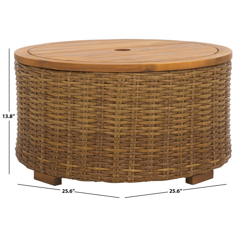 Natural Round Wicker and Acacia Outdoor Coffee Table with Storage