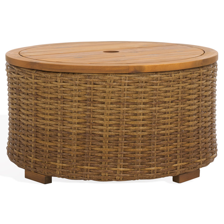 Natural Round Wicker and Acacia Outdoor Coffee Table with Storage