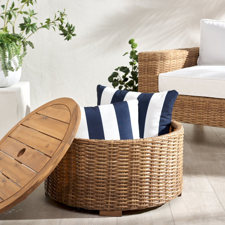 Natural Round Wicker and Acacia Outdoor Coffee Table with Storage