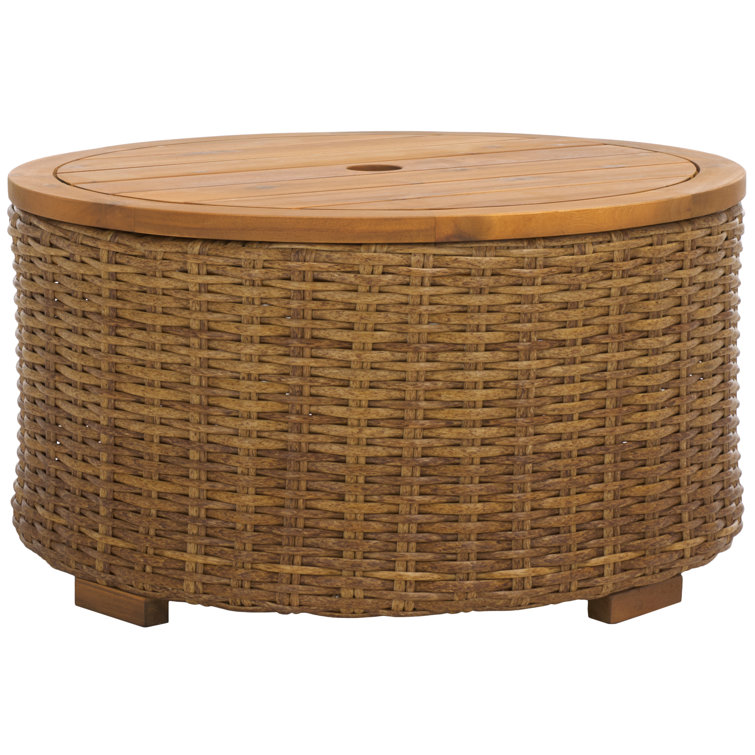 Natural Round Wicker and Acacia Outdoor Coffee Table with Storage