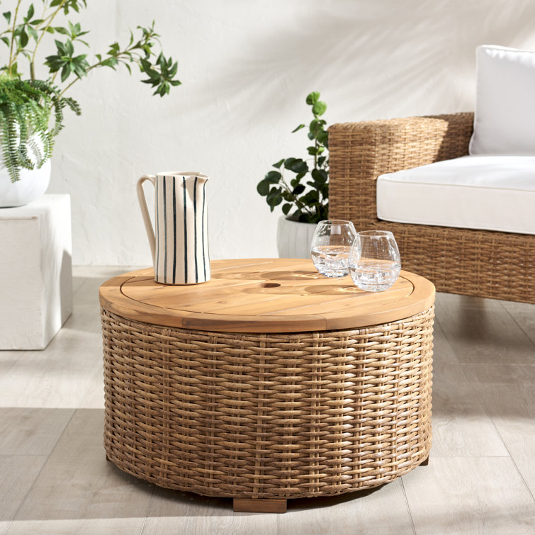 Natural Round Wicker and Acacia Outdoor Coffee Table with Storage