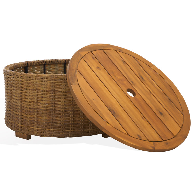 Natural Round Wicker and Acacia Outdoor Coffee Table with Storage