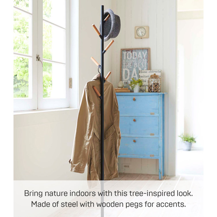 Sleek Yamazaki Black Freestanding Coat Rack with Wood-Tipped Hooks