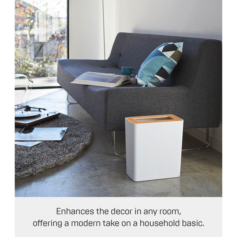 Modern White Steel & Wood Slim Rectangular Wastebasket, 2.5 Gallons