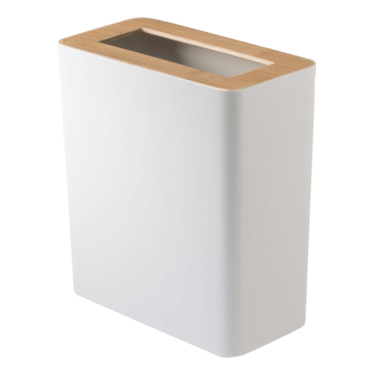 Modern White Steel & Wood Slim Rectangular Wastebasket, 2.5 Gallons