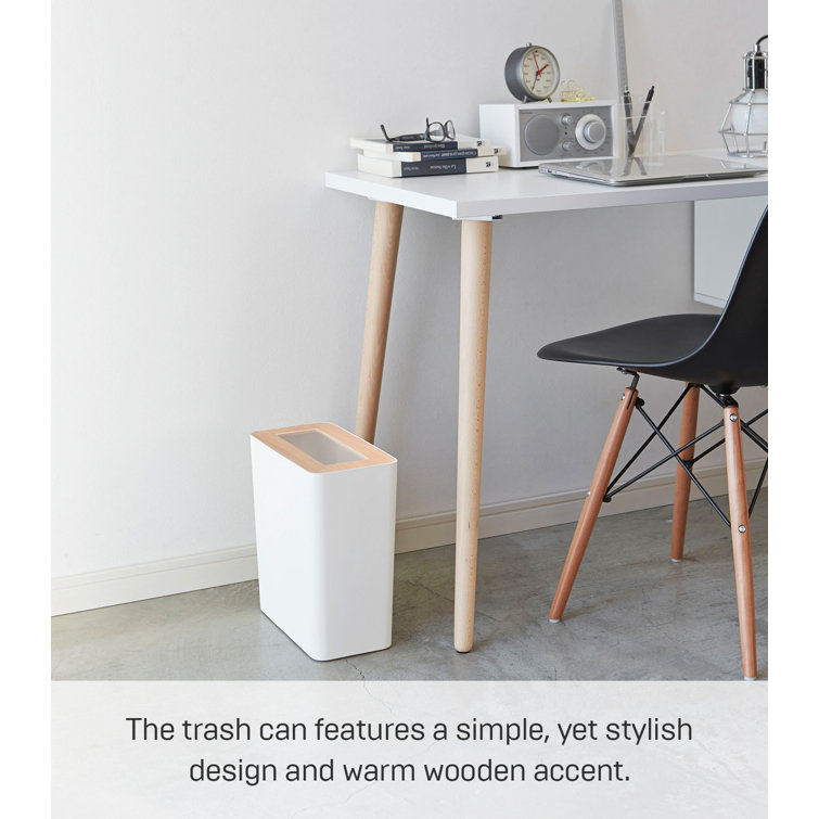 Modern White Steel & Wood Slim Rectangular Wastebasket, 2.5 Gallons