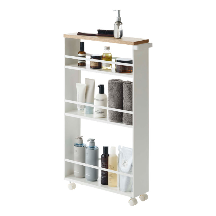 Slimline Tower White Steel Three-Tier Rolling Storage Cart with Wooden Accent
